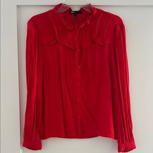 Maje Red Ruffled Long Sleeve Blouse with Peter Pan Collar